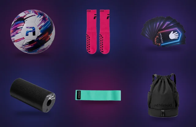 Athlekid gear: training ball, grip socks, training cards, roller, resistance band and backpack