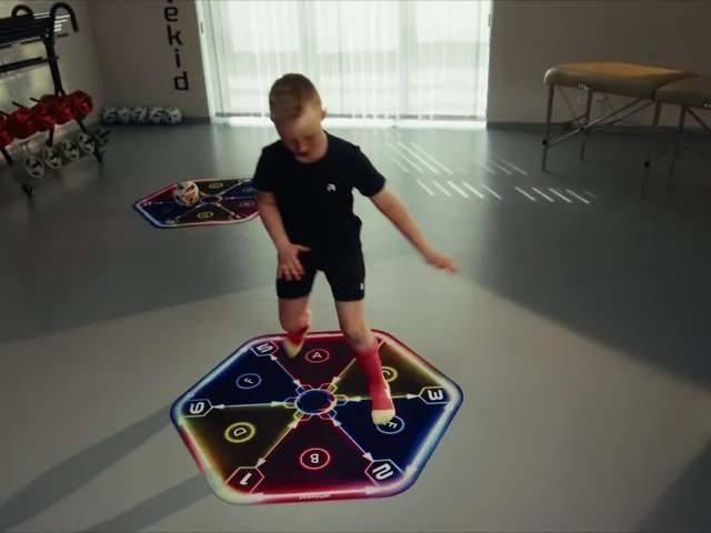 A child steps between the mat zones during a workout