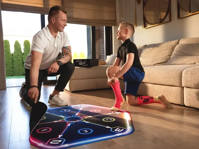 A parent and child lay out the mat in the living room